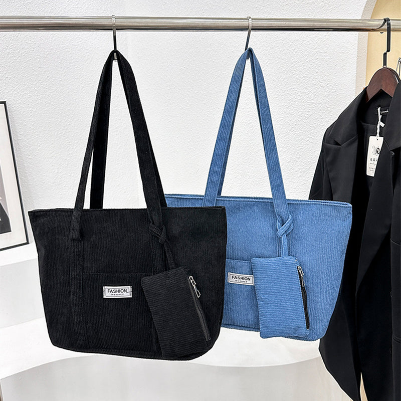 Large capacity corduroy shoulder bag with pouch